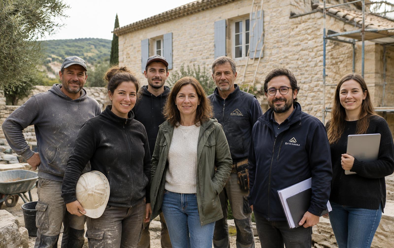 Équipe de compagnons et de collaborateurs devant une maison en pierre restaurée