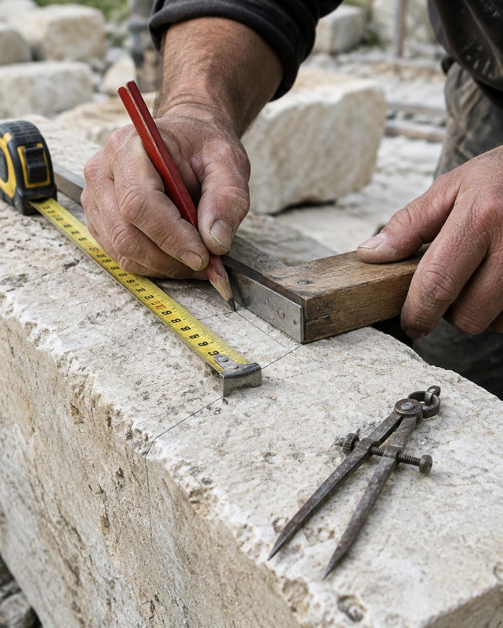Tracé & mesure : gros plan sur les mains et les outils de l’artisan