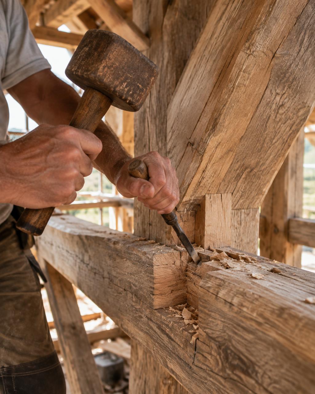 Charpente : gros plan sur les mains et les outils de l’artisan
