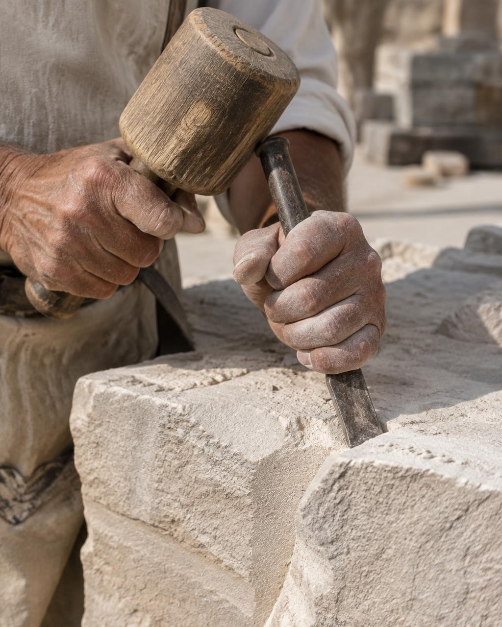 Taille de pierre : gros plan sur les mains et les outils de l’artisan